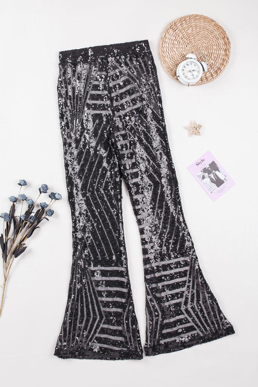 Sparkly Black Sequin Wide Leg Pants