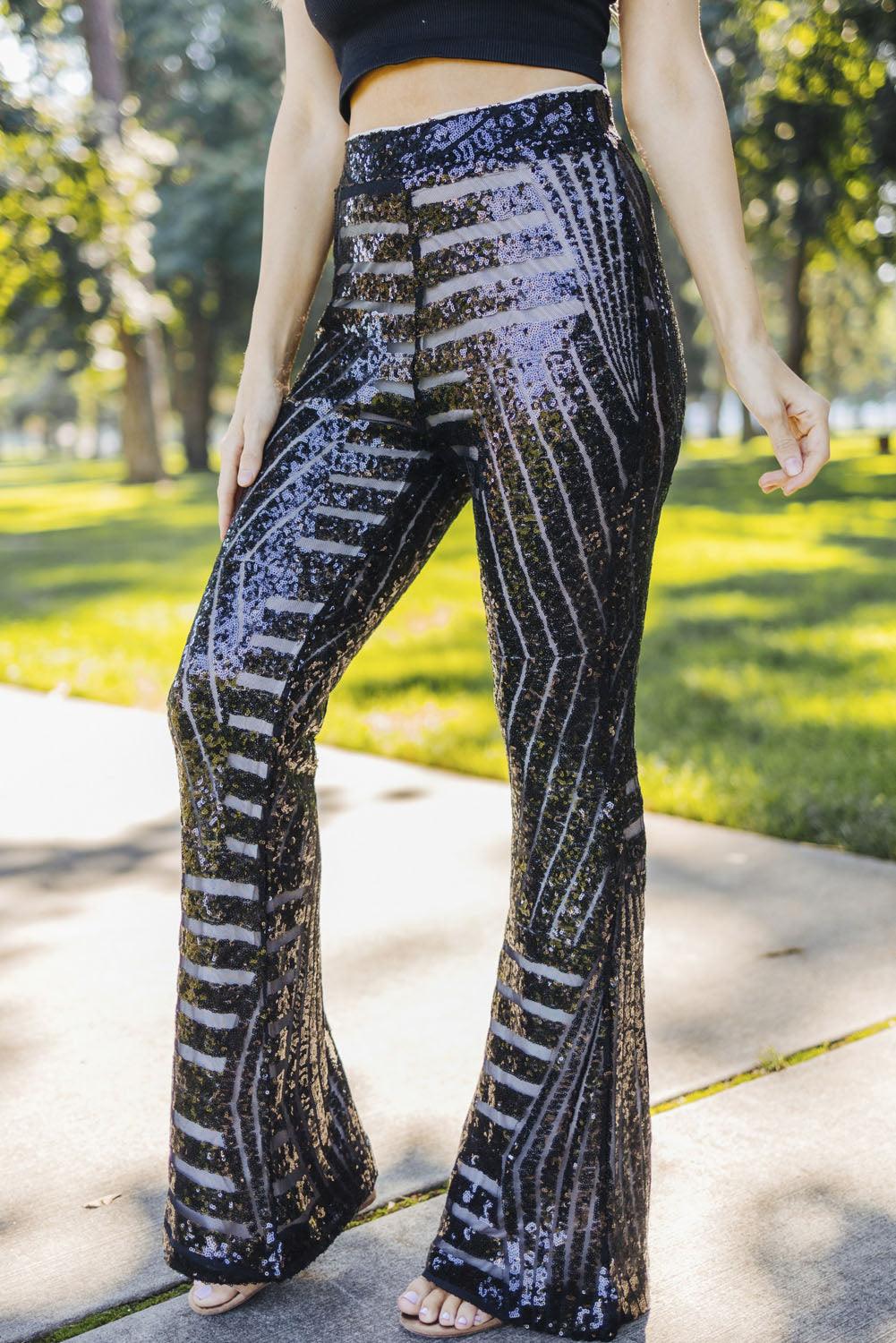 Sparkly Black Sequin Wide Leg Pants