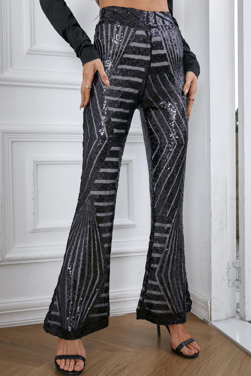 Sparkly Black Sequin Wide Leg Pants