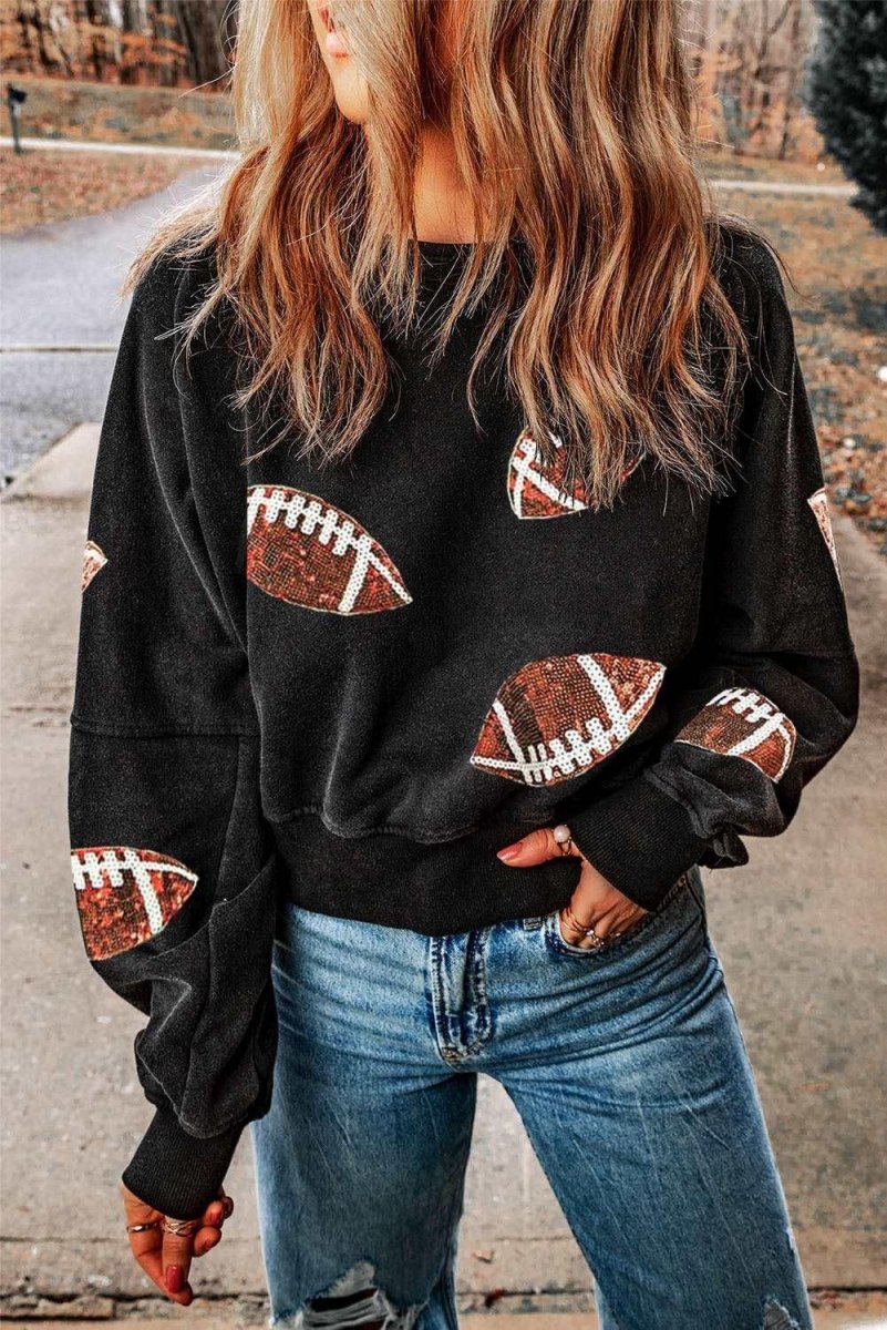 Black Sequined Rugby Graphic Sweatshirt - Klazzi Fashion Boutique