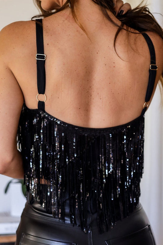 Black Tassel Sequin Tank Crop Top - Klazzi Fashion Boutique