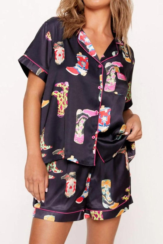 Black Western Boots Printed Short Pajama Set - Klazzi Fashion Boutique