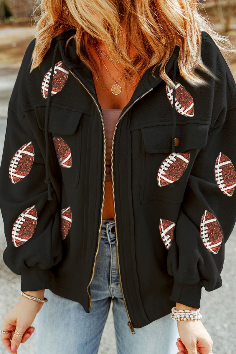 Black Zipper Sequin Football Hooded Jacket - Klazzi Fashion Boutique