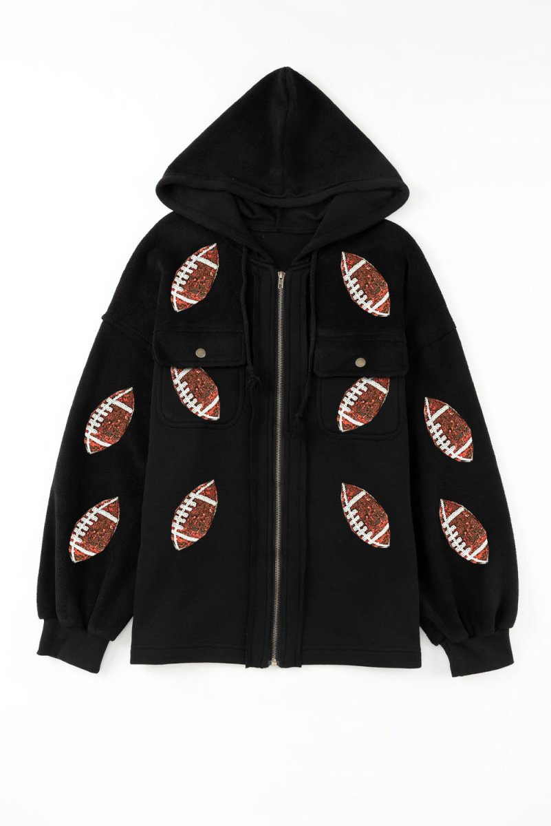 Black Zipper Sequin Football Hooded Jacket - Klazzi Fashion Boutique