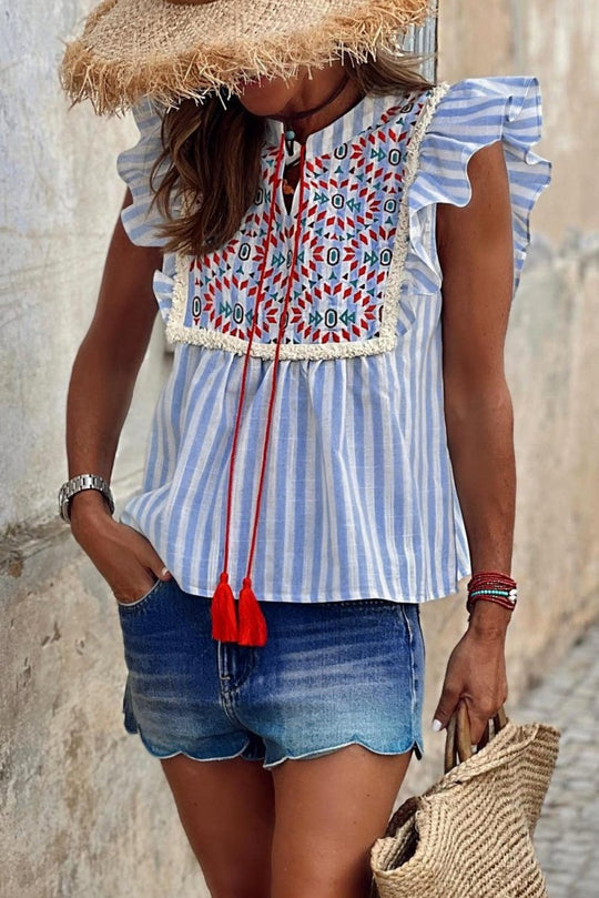 Blue and Red Stripe Tassel Flutter Blouse - Klazzi Fashion Boutique