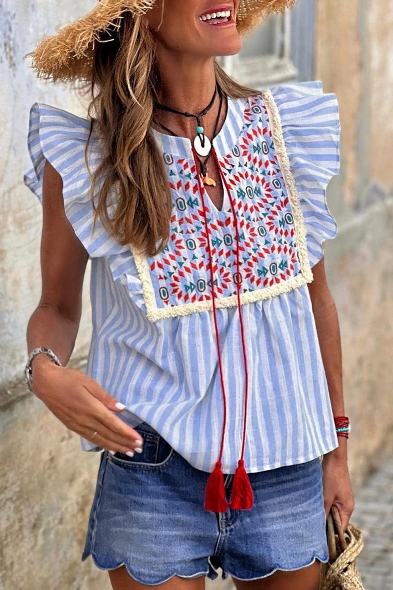 Blue and Red Stripe Tassel Flutter Blouse - Klazzi Fashion Boutique