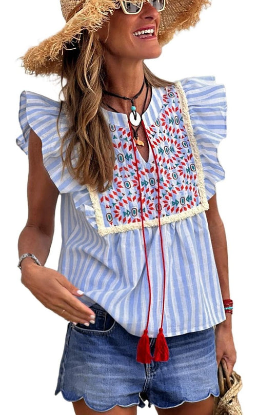 Blue and Red Stripe Tassel Flutter Blouse - Klazzi Fashion Boutique