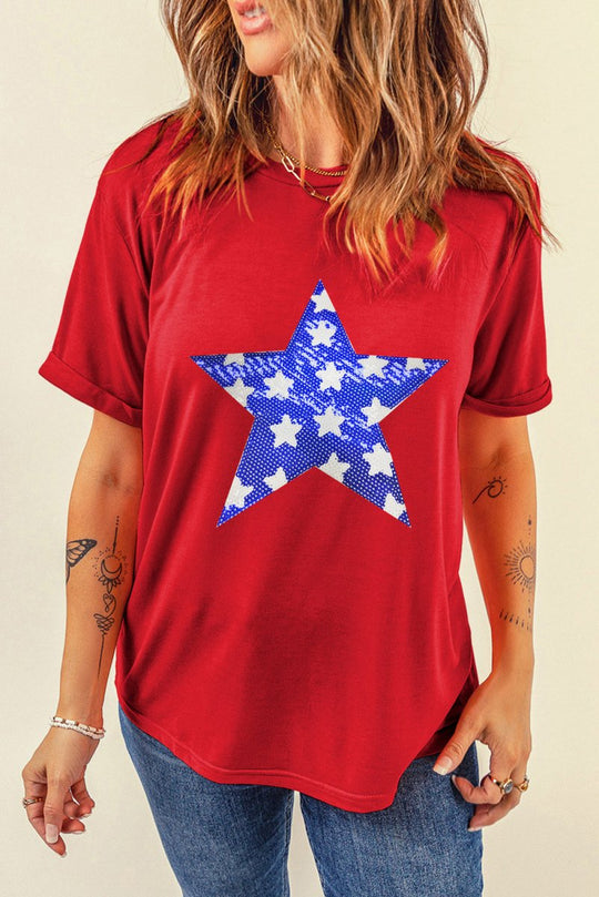 Blue Bougie Sequin Star Graphic T Shirt - Klazzi Fashion Boutique