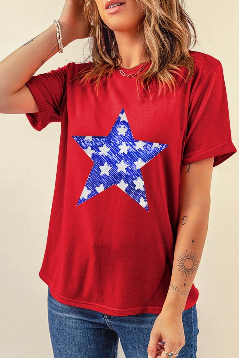 Blue Bougie Sequin Star Graphic T Shirt - Klazzi Fashion Boutique