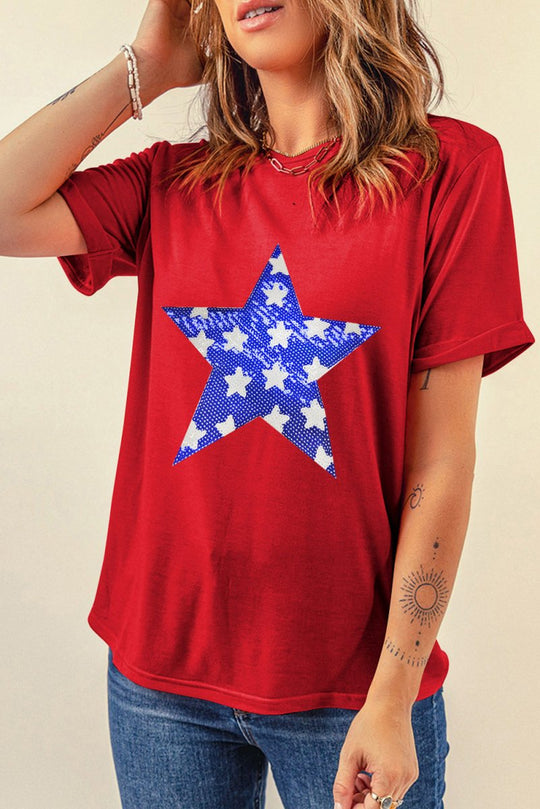 Blue Bougie Sequin Star Graphic T Shirt - Klazzi Fashion Boutique