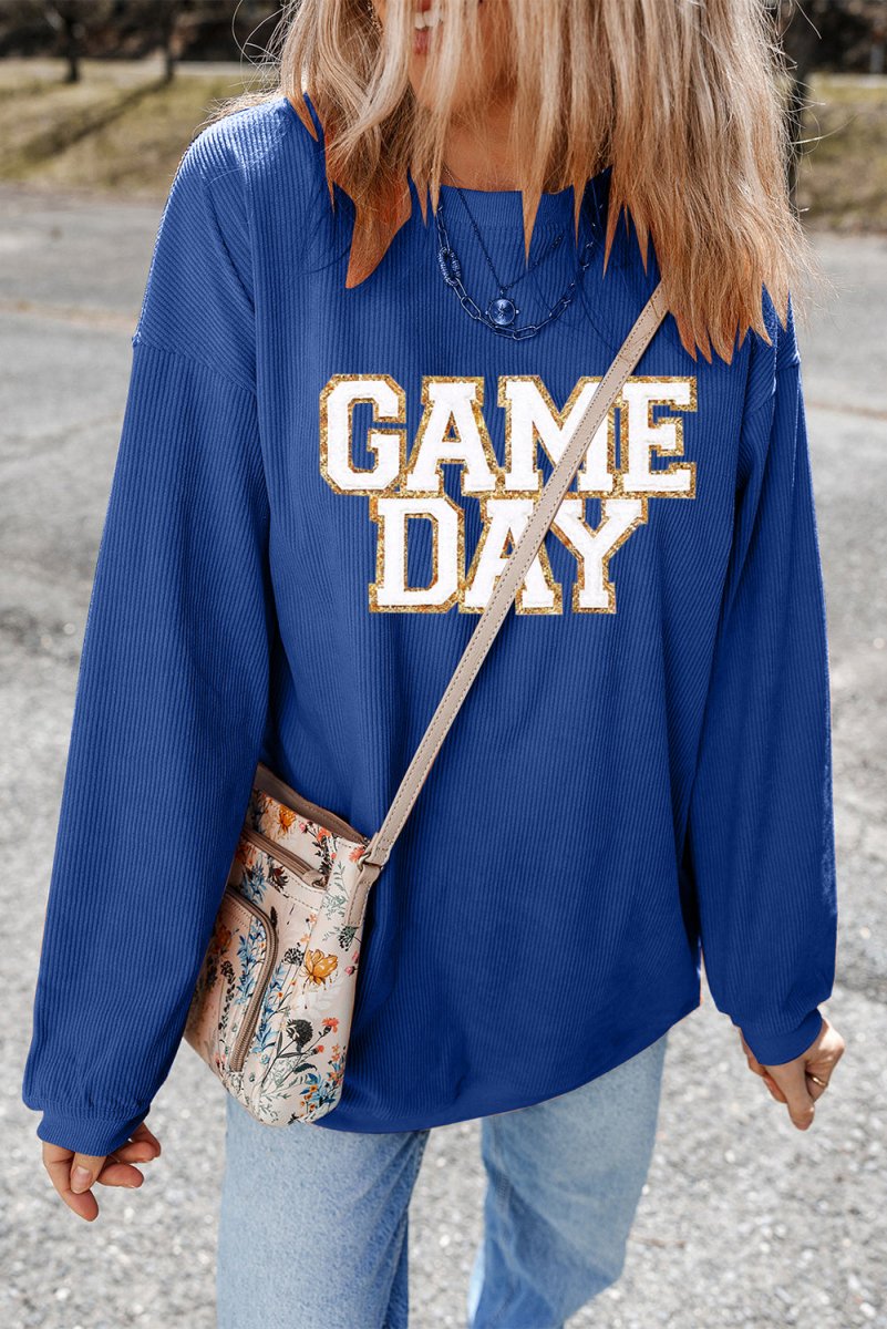 Blue "GAME DAY" Glitter Sweatshirt - Klazzi Fashion Boutique