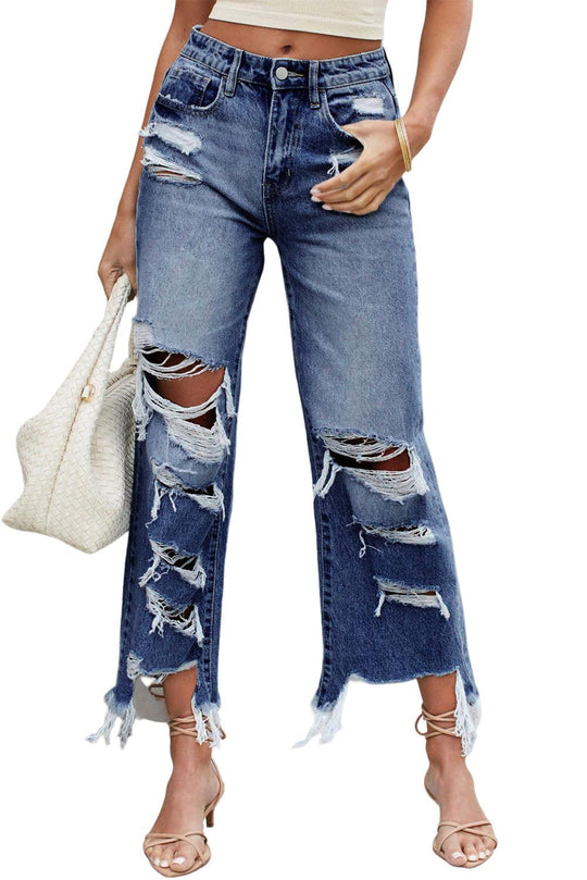 Blue Heavy Destroyed High Waist Jeans - Klazzi Fashion Boutique