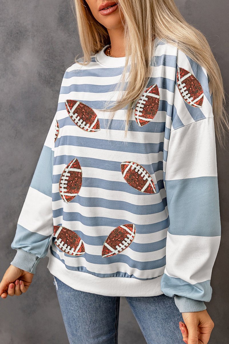 Blue Stripe Sequin Football Pullover Sweatshirt - Klazzi Fashion Boutique