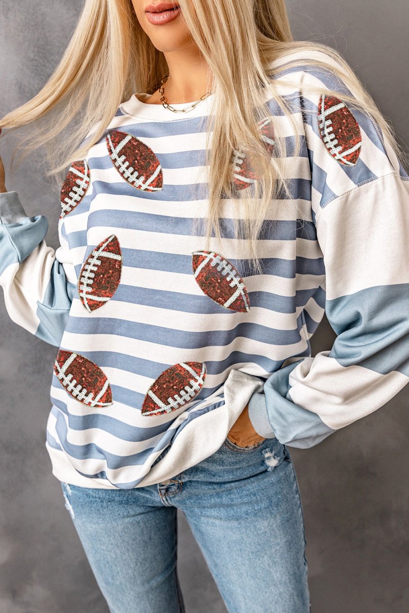 Blue Stripe Sequin Football Pullover Sweatshirt - Klazzi Fashion Boutique