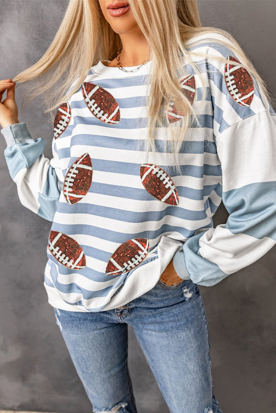 Blue Stripe Sequin Football Pullover Sweatshirt - Klazzi Fashion Boutique