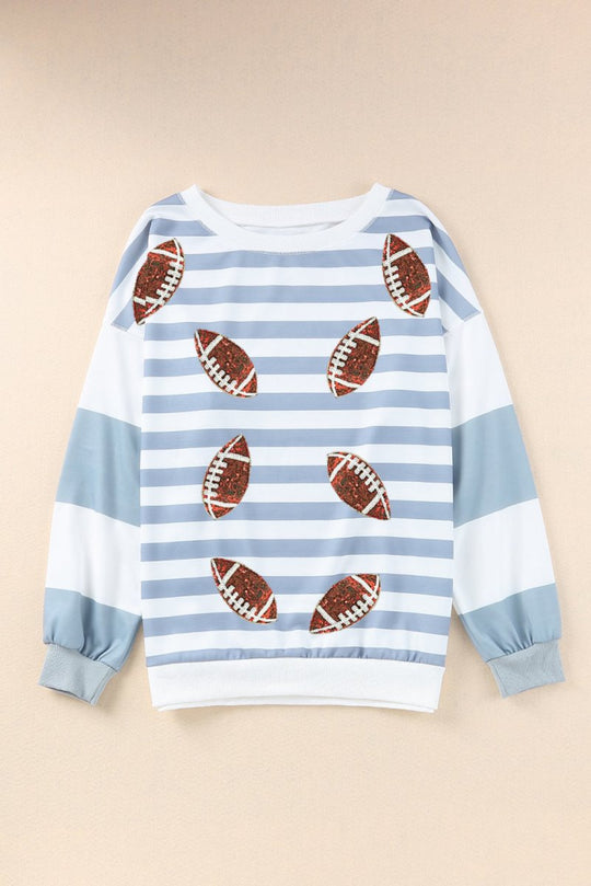 Blue Stripe Sequin Football Pullover Sweatshirt - Klazzi Fashion Boutique