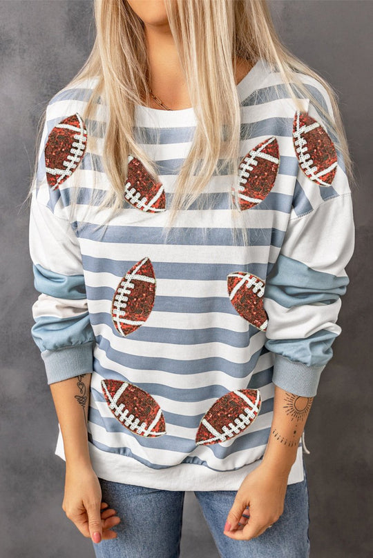 Blue Stripe Sequin Football Pullover Sweatshirt - Klazzi Fashion Boutique