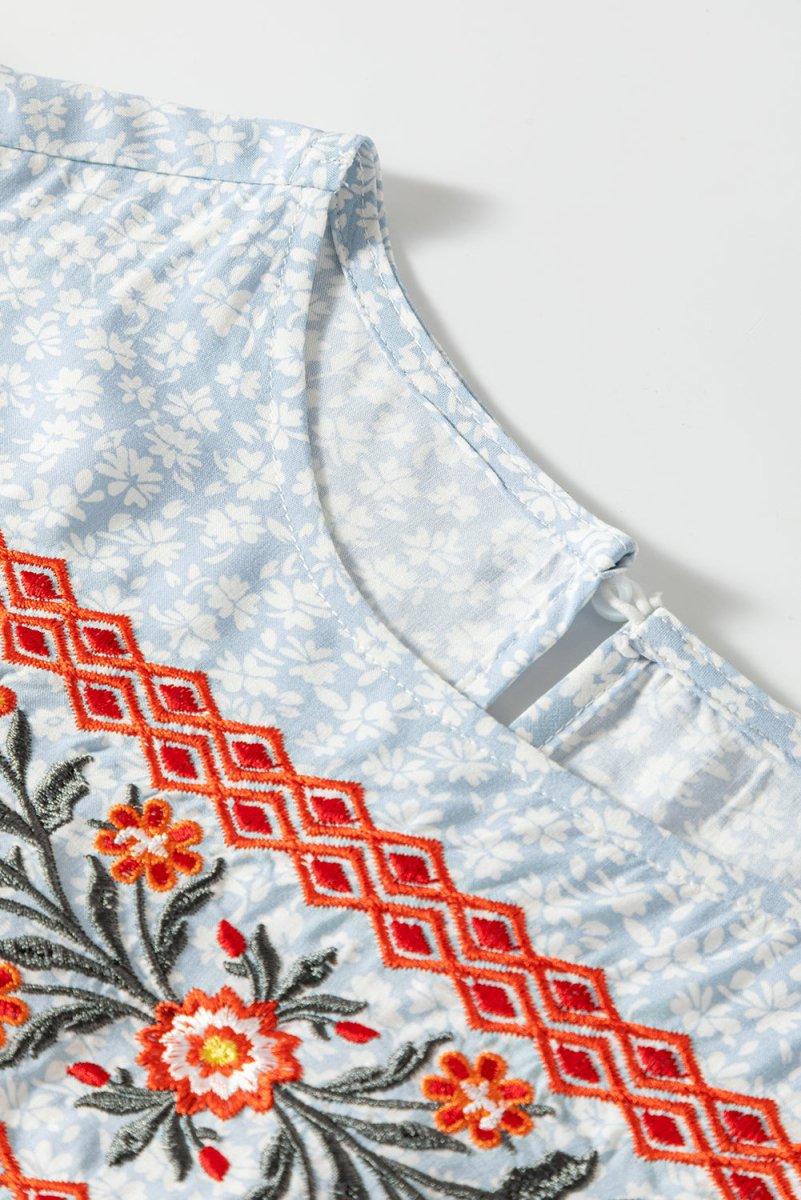 Boho Baby Blue Embroidered Floral Blouse - Klazzi Fashion Boutique