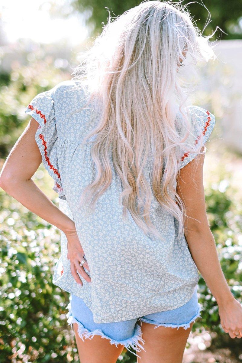 Boho Baby Blue Embroidered Floral Blouse - Klazzi Fashion Boutique