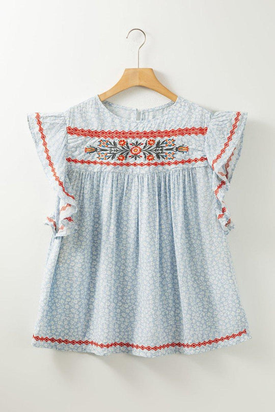 Boho Baby Blue Embroidered Floral Blouse - Klazzi Fashion Boutique