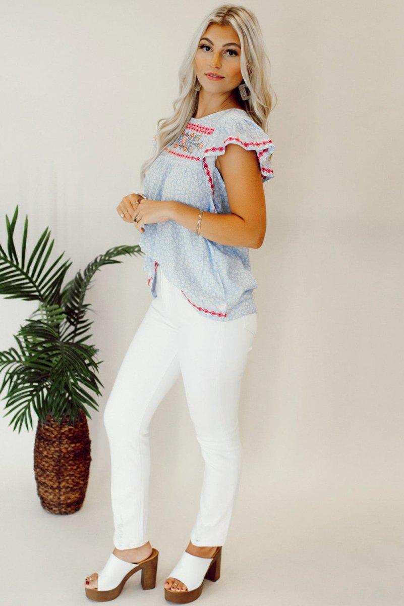 Boho Baby Blue Embroidered Floral Blouse - Klazzi Fashion Boutique