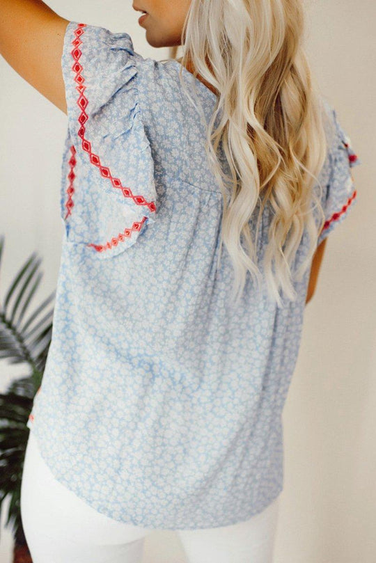 Boho Baby Blue Embroidered Floral Blouse - Klazzi Fashion Boutique