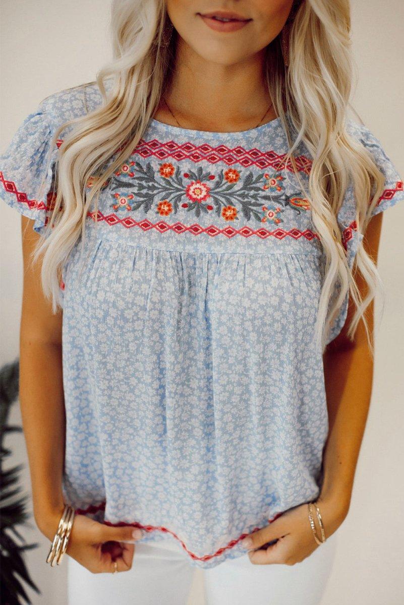 Boho Baby Blue Embroidered Floral Blouse - Klazzi Fashion Boutique