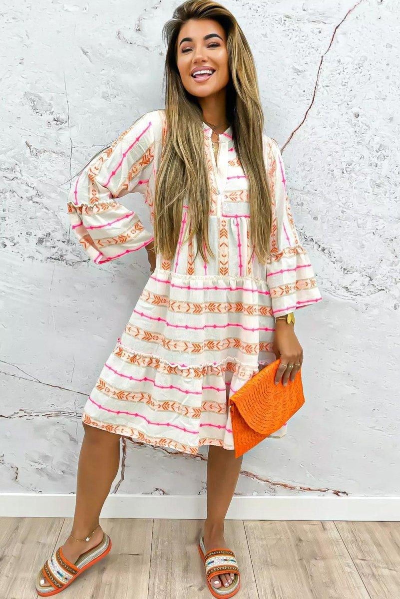 Boho Orange Aztec Ruffled Loose Dress - Klazzi Fashion Boutique