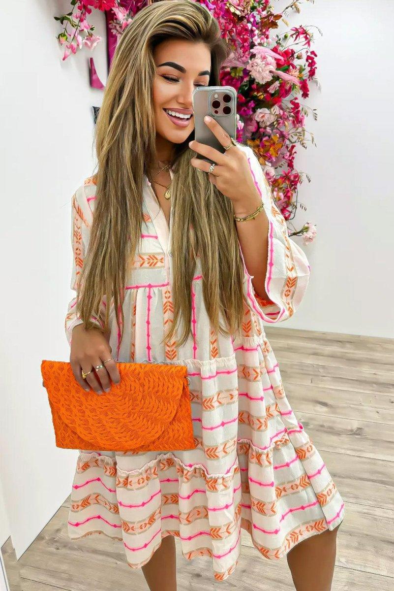 Boho Orange Aztec Ruffled Loose Dress - Klazzi Fashion Boutique