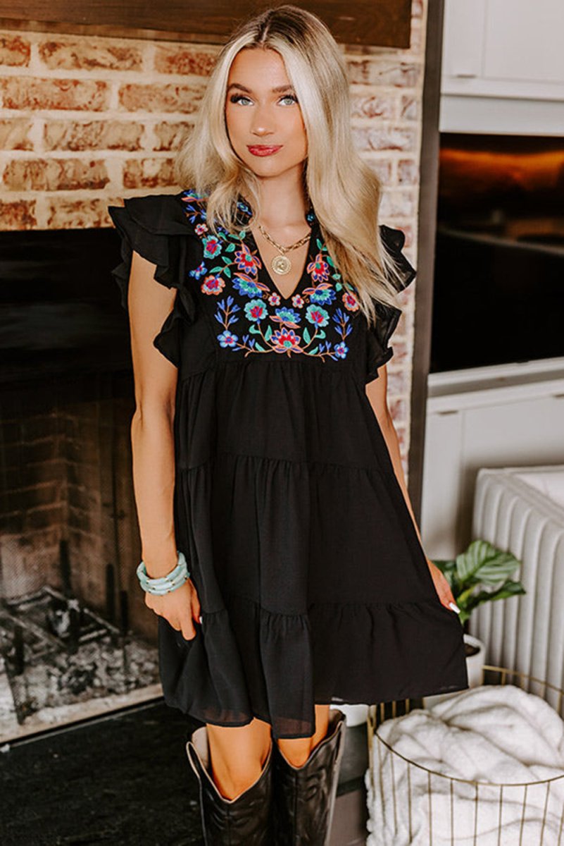 Boho Ruffled Black Floral Mini Dress - Klazzi Fashion Boutique