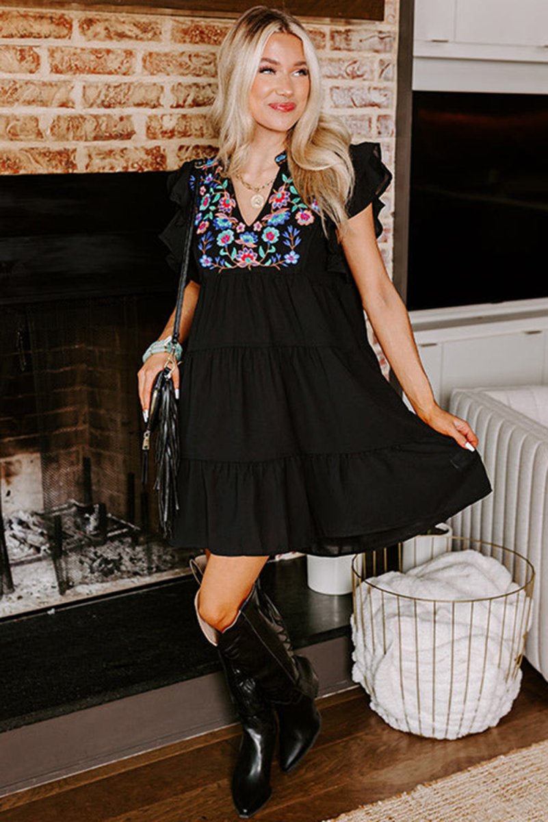 Boho Ruffled Black Floral Mini Dress - Klazzi Fashion Boutique