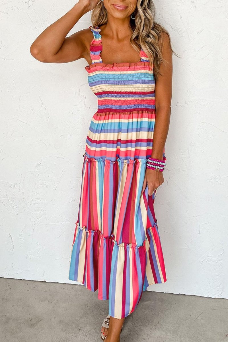 Bonnie Multicolor Stripes Tiered Long Dress - Klazzi Fashion Boutique