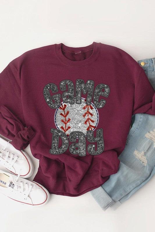 Boujee Sequins Game Day Baseball Graphic Sweatshirts - Klazzi Fashion Boutique