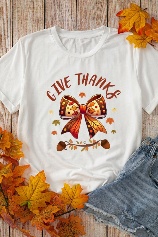 Bow "GIVE THANKS" Graphic T Shirt - Klazzi Fashion Boutique