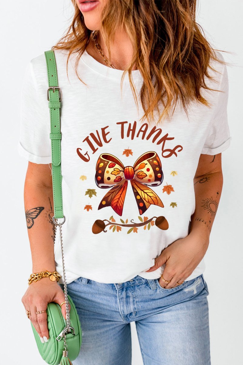 Bow "GIVE THANKS" Graphic T Shirt - Klazzi Fashion Boutique