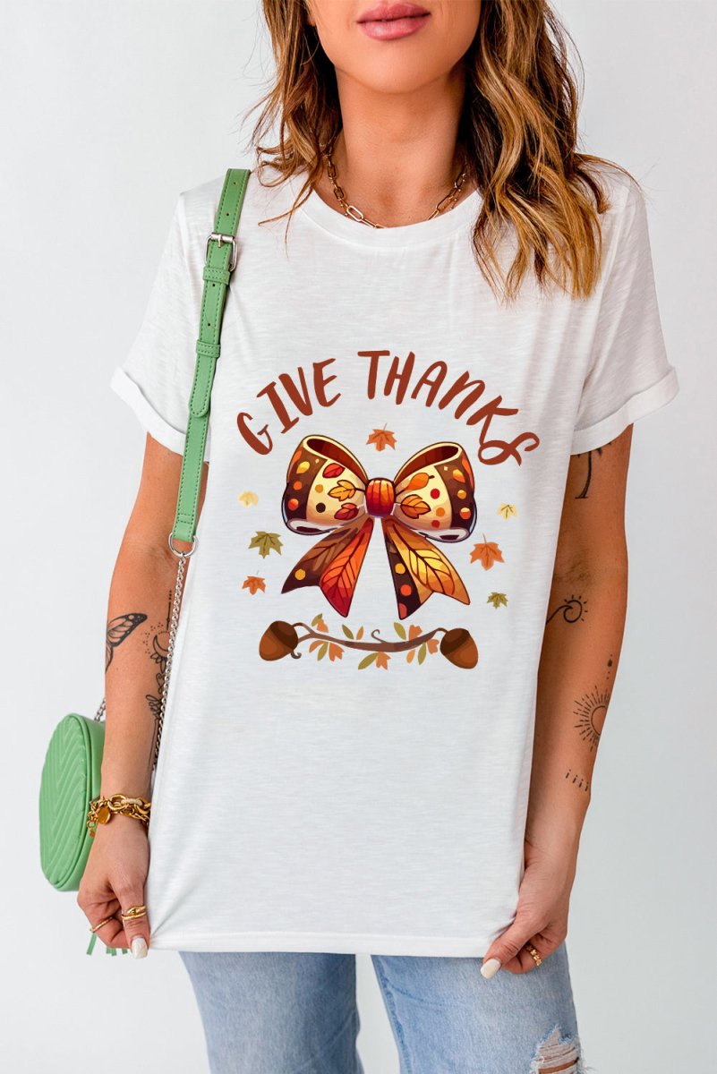 Bow "GIVE THANKS" Graphic T Shirt - Klazzi Fashion Boutique