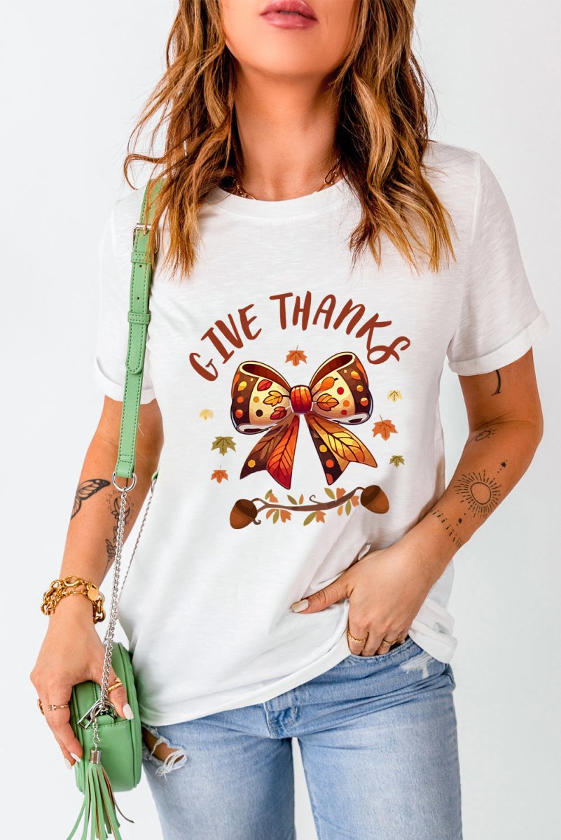 Bow "GIVE THANKS" Graphic T Shirt - Klazzi Fashion Boutique