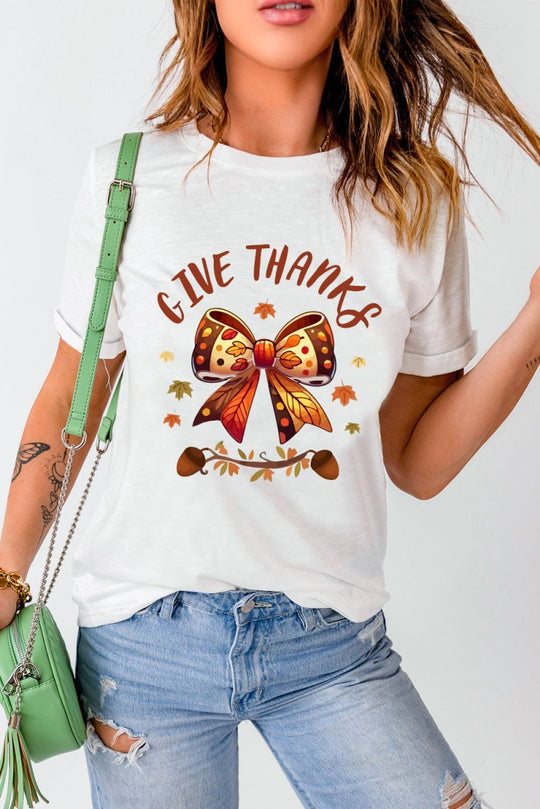 Bow "GIVE THANKS" Graphic T Shirt - Klazzi Fashion Boutique