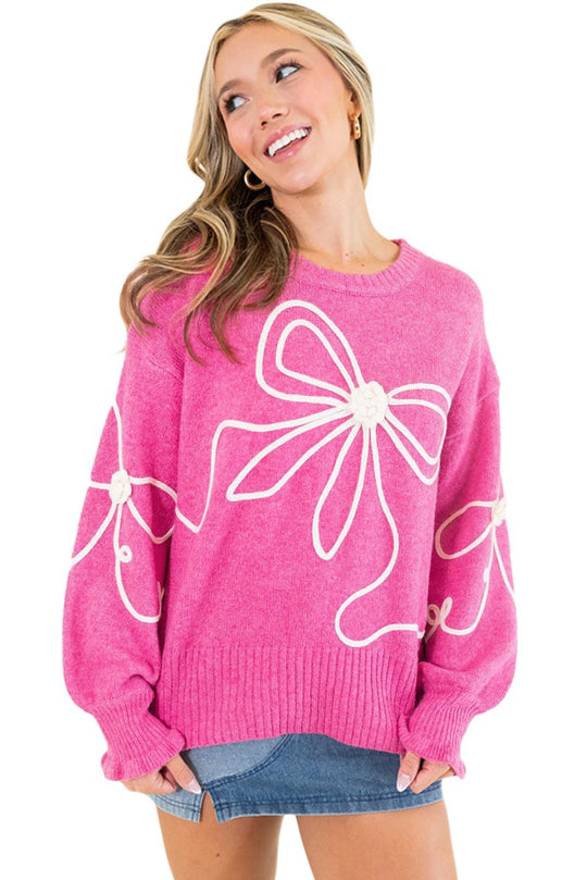 Bright Pink Corduroy Big Bow Casual Sweater - Klazzi Fashion Boutique