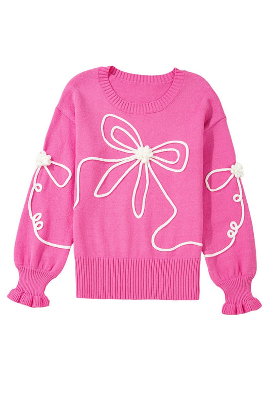 Bright Pink Corduroy Big Bow Casual Sweater - Klazzi Fashion Boutique