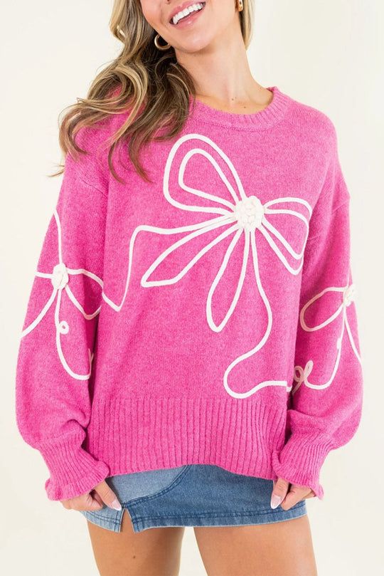 Bright Pink Corduroy Big Bow Casual Sweater - Klazzi Fashion Boutique