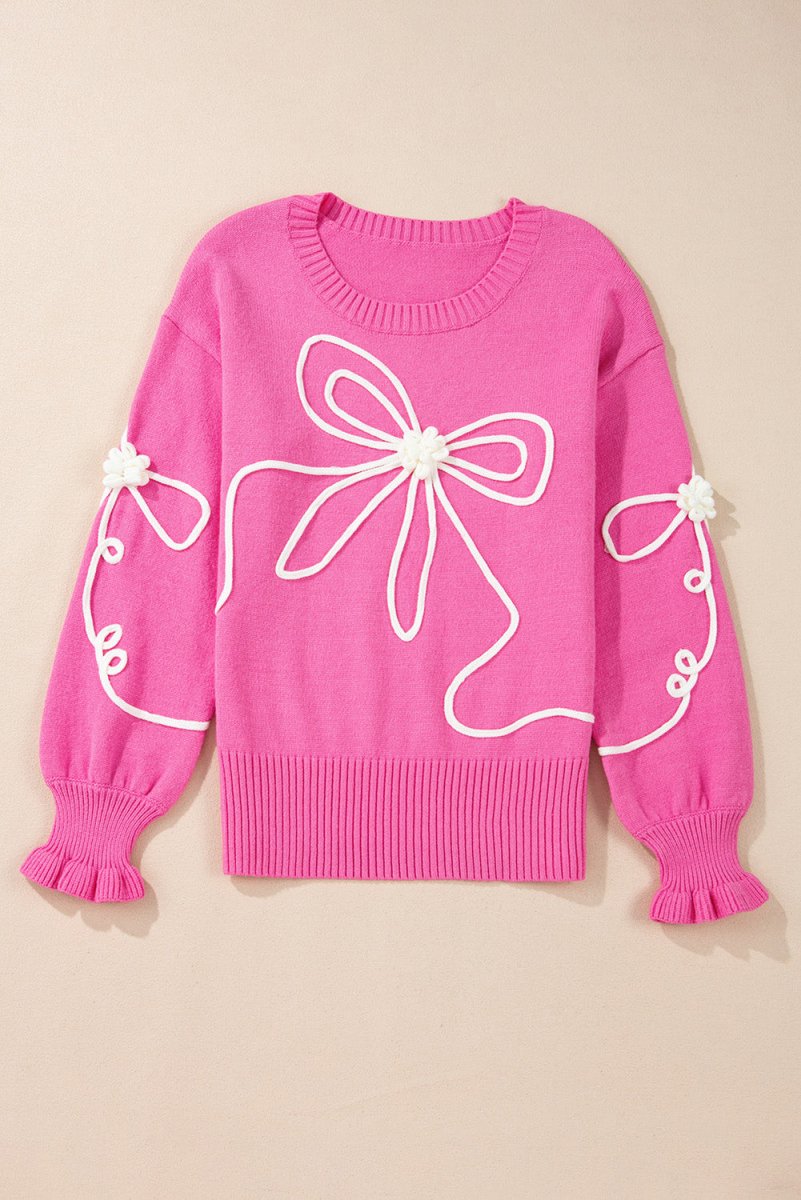 Bright Pink Corduroy Big Bow Casual Sweater - Klazzi Fashion Boutique