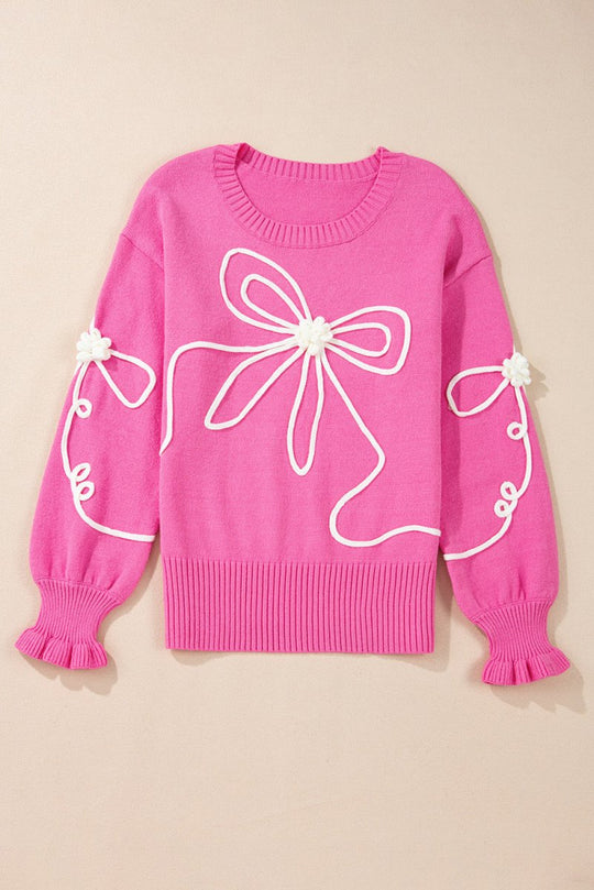 Bright Pink Corduroy Big Bow Casual Sweater - Klazzi Fashion Boutique