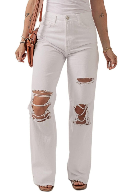 Bright White Distressed Straight Leg Denim - Klazzi Fashion Boutique