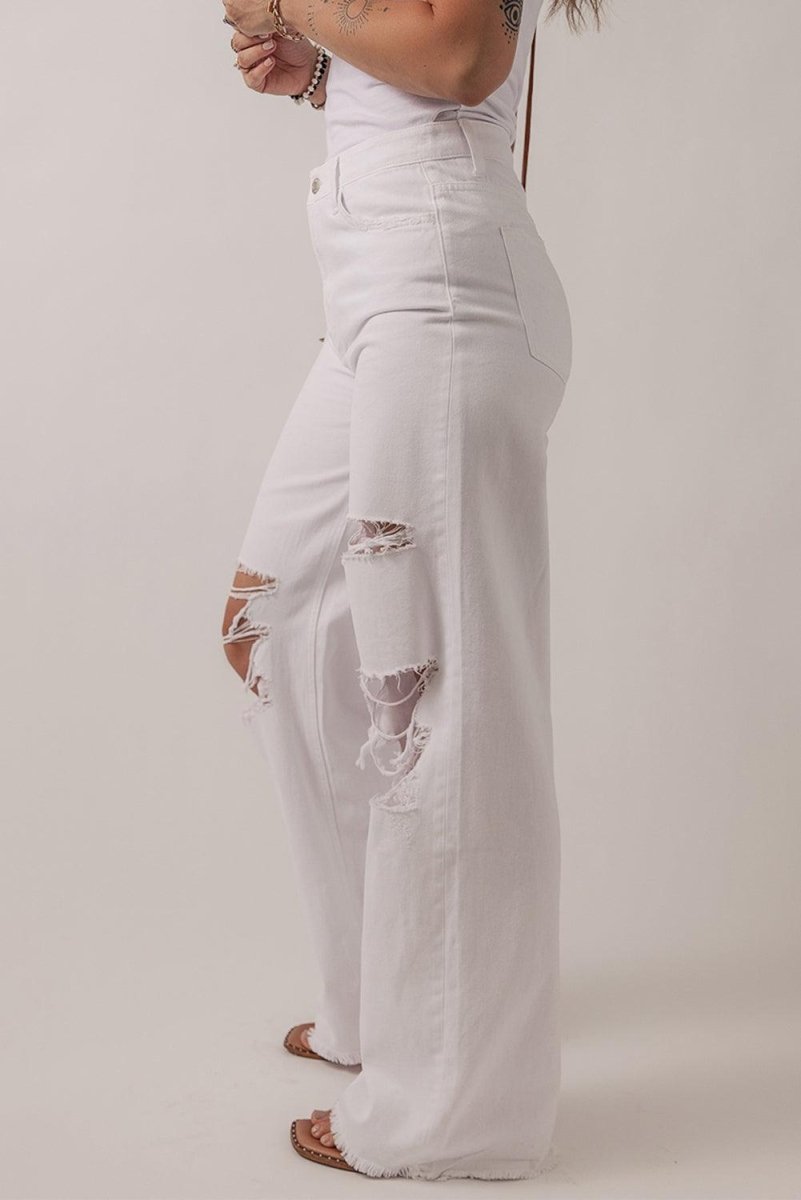 Bright White Distressed Straight Leg Denim - Klazzi Fashion Boutique