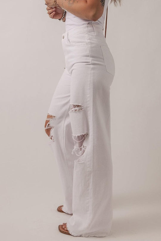 Bright White Distressed Straight Leg Denim - Klazzi Fashion Boutique