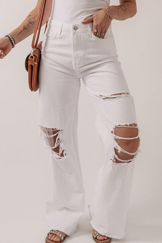 Bright White Distressed Straight Leg Denim - Klazzi Fashion Boutique