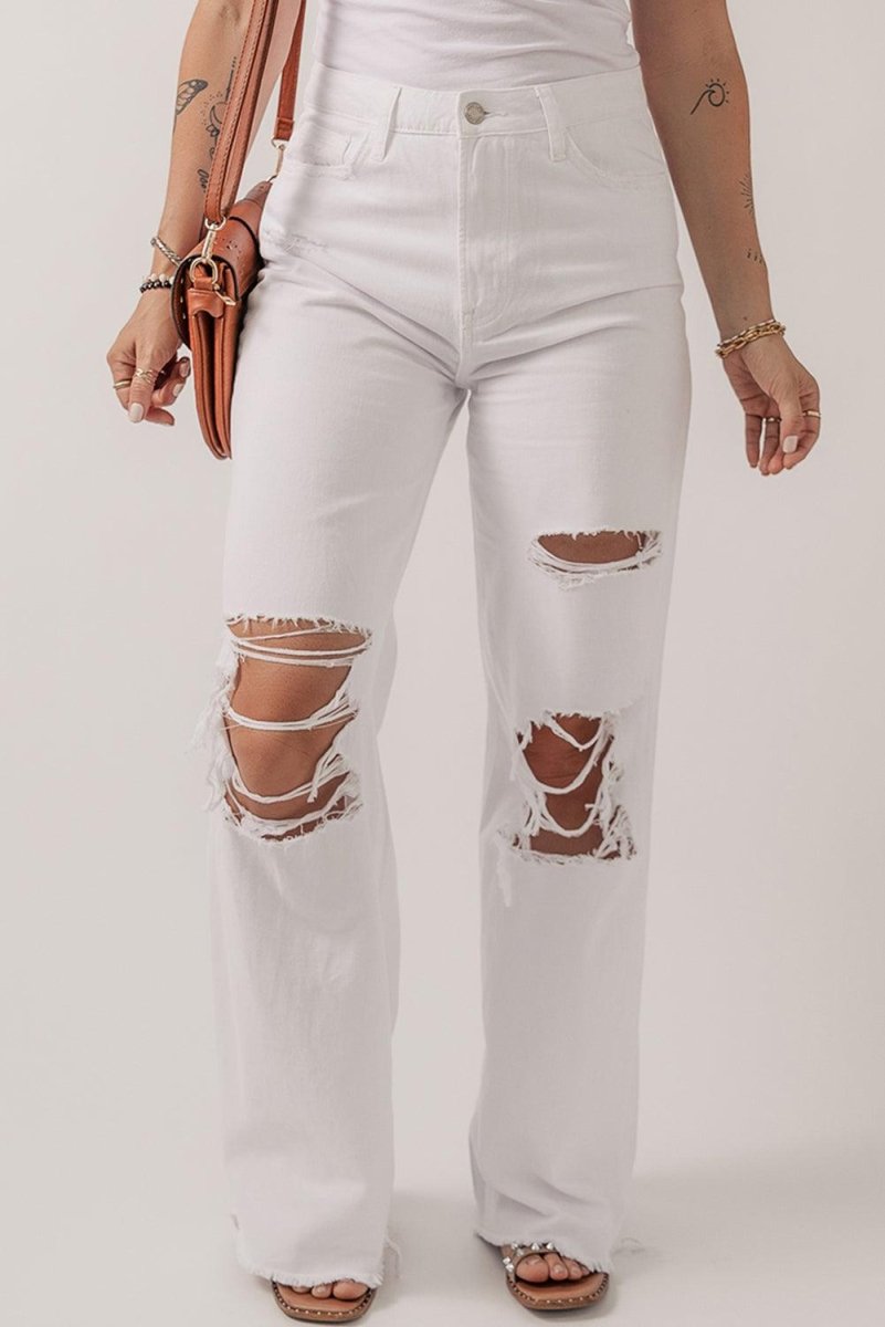 Bright White Distressed Straight Leg Denim - Klazzi Fashion Boutique