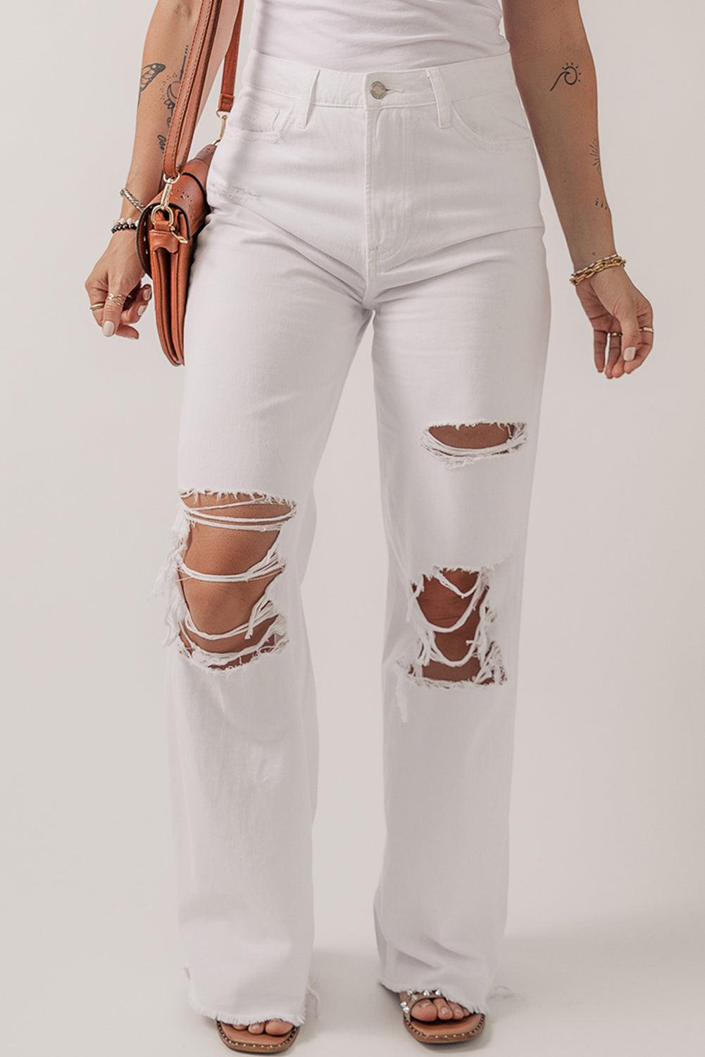 Bright White Distressed Straight Leg Denim