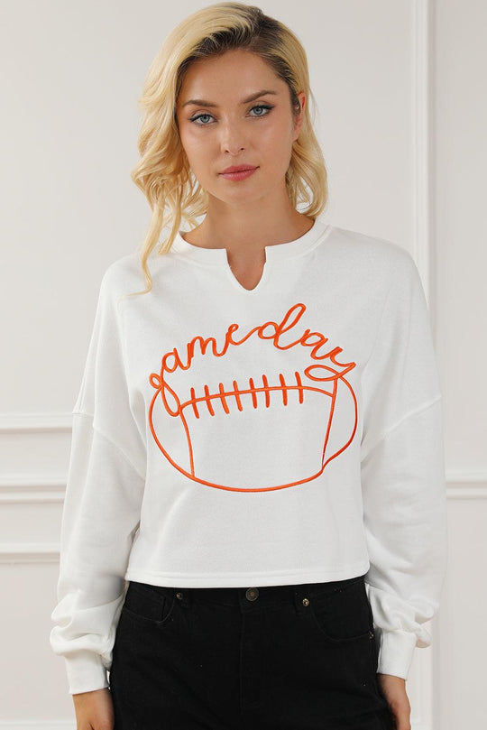 Bright White Game Day Lettering Rugby Notched Neck Sweatshirt - Klazzi Fashion Boutique